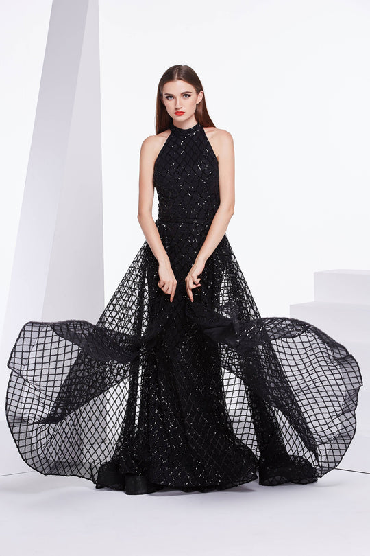 Jadore - J14031 Embellished Plunging V-neck Mikado A-line Dress In Black