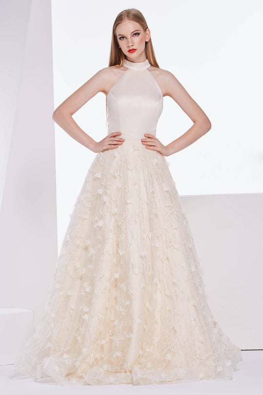 Jadore - J14036 Embellished Plunging V-neck Mikado A-line Dress In Nude