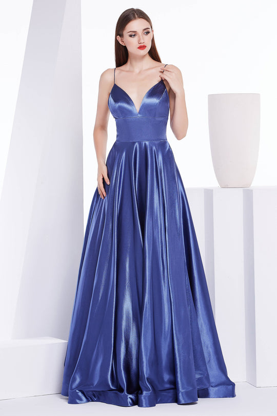 Jadore - J14038 Embellished Plunging V-neck Mikado A-line Dress In Blue