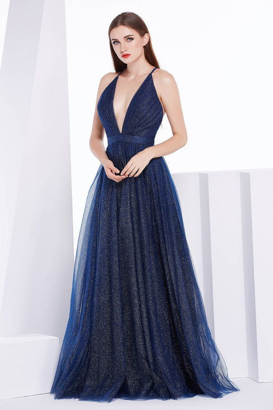 Jadore - J14041 Embellished Plunging V-neck Mikado A-line Dress In Blue
