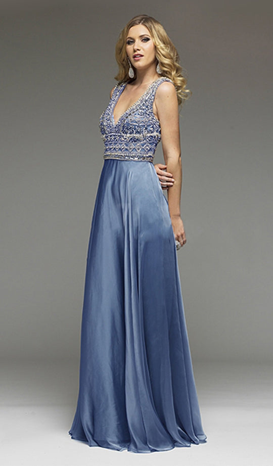 Jadore - J4064 Embellished Plunging V-neck Chiffon A-line Dress In Blue
