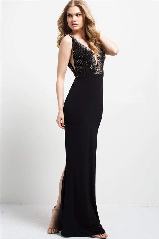 46948 Embellished Deep V-Neck Evening Gown