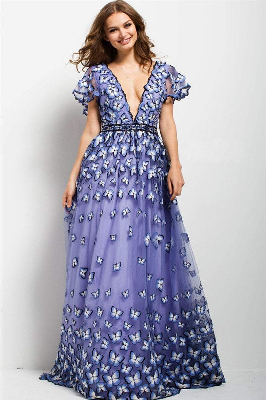 47804 Butterfly Embroidered Plunging Dress