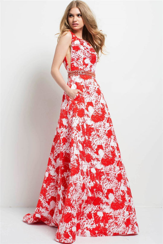 48338 Printed Square Neck Open Back Gown