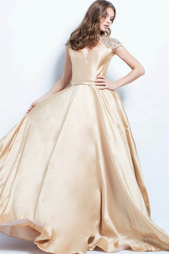 49842 Embellished High Neck Evening Gown