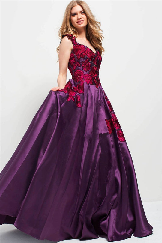 50184 Embroidered Floral V Neck Evening Gown