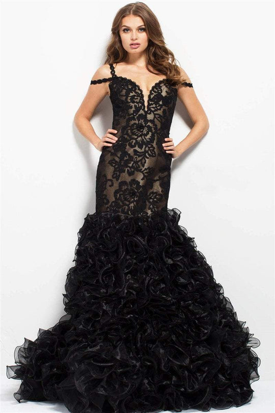 50334 Floral Plunging Ruffled Mermaid Gown