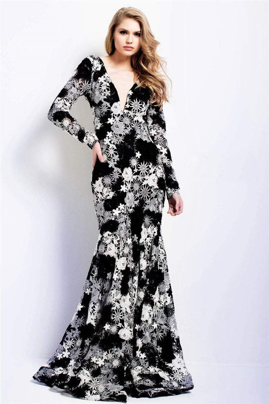 50621 Floral Embroidered Long Sleeve Trumpet Gown