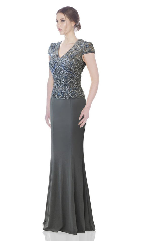 Jadore - J7058 Beaded Embellished V Neck Bodice Jersey Dress In Gray