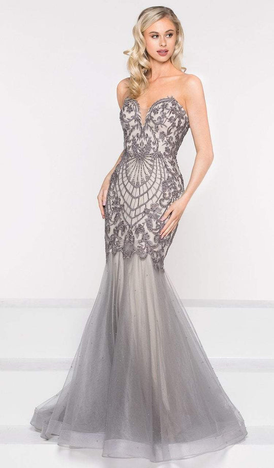 Colors Dress - 2022 Strapless Beaded Fitted Trumpet Gown in Gray and Neutral