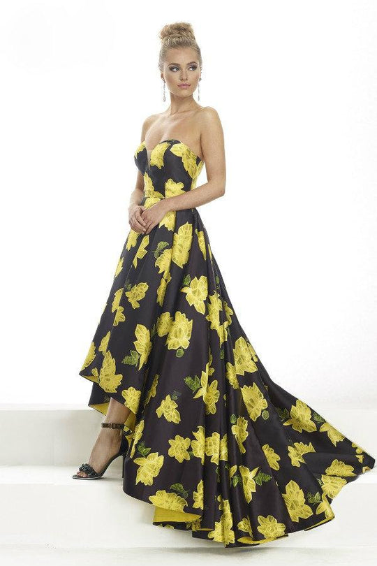 Janique JA2002 - Strapless Sweetheart Hi-Lo Floral Ballgown In Black Yellow and Floral
