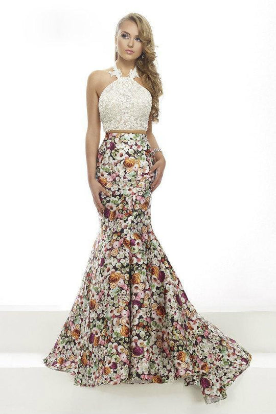 Janique JA2004 - Lace Halter Trumpet Two-Piece Evening Gown with Floral Prints In White and Print