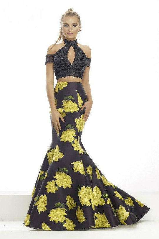 Janique - Lace Halter Trumpet Two-Piece Evening Gown with Floral Prints and Keyhole Accent JA2006 In Black and  Yellow