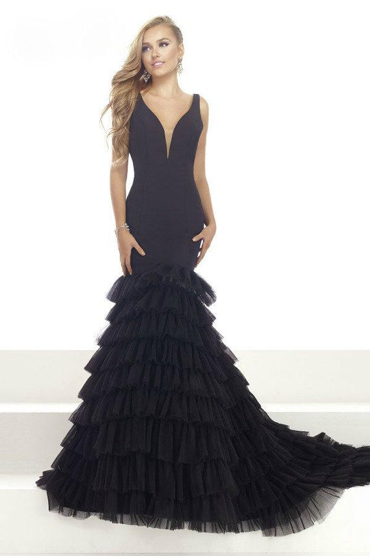 Janique JA3001 Multi-tiered Tulle Trumpet Long Evening Gown  In Black