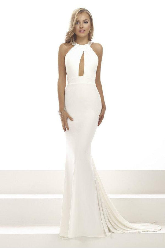 Janique JA3002 - Halter Neckline Front Key Hole Long Gown In White
