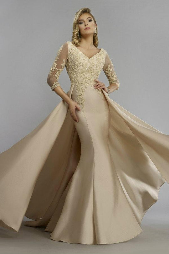 Janique JA3009 - Embroidered V-Neck ¾ Sleeved Long Mermaid Gown in Neutral