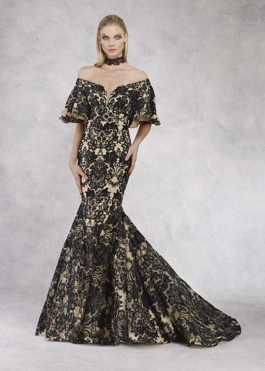 Janique - JA3013 Ornate Off Shoulder Butterfly Sleeve Mermaid Gown In Black and Neutral