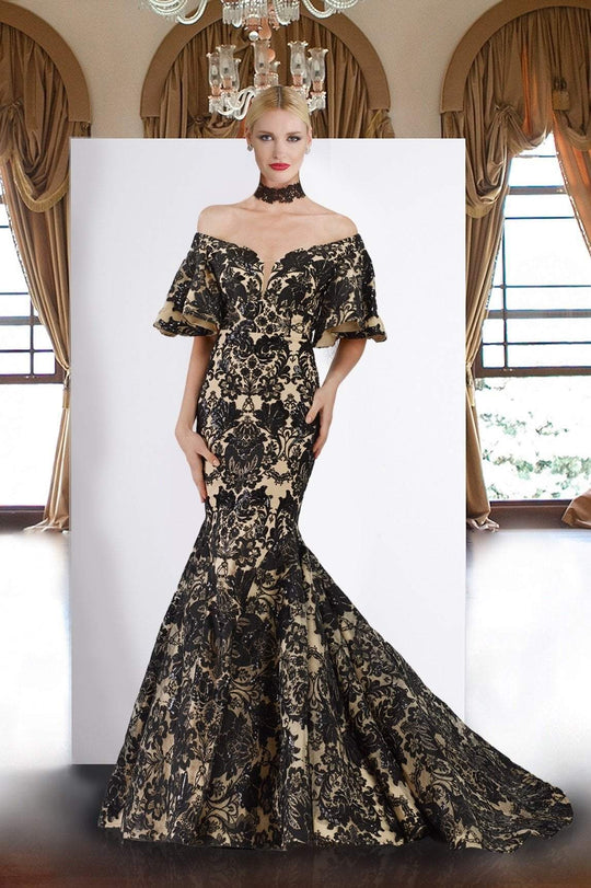 Janique - JA3013 Off-Shoulder Fitted Mermaid Gown In Black and Nude