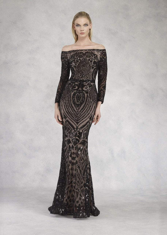 Janique - JA3017 Long Sleeve Geo-Sequined Mermaid Gown In Black and Neutral