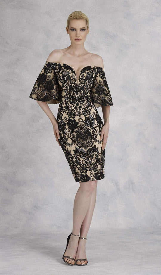 Janique - JA3022 Sequined Lace Plunging Off-Shoulder Sheath Dress