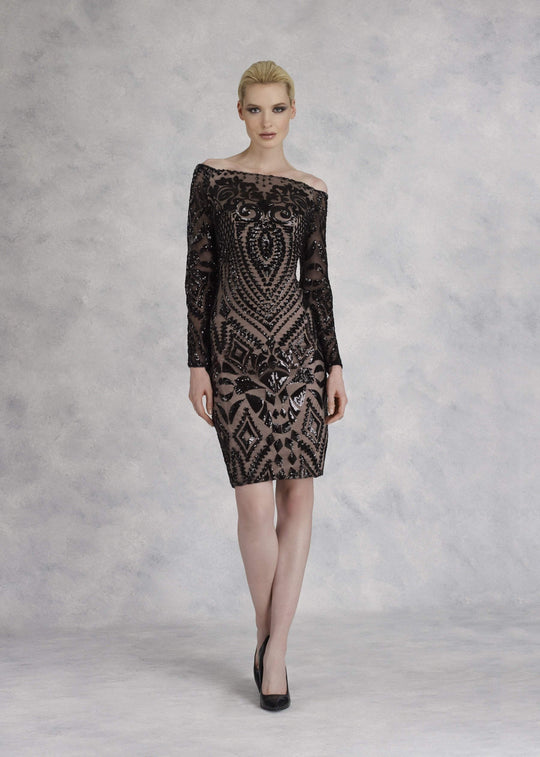 Janique - JA3023 Sequined Long Sleeve Off-Shoulder Sheath Dress