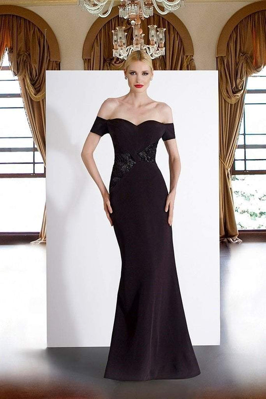 Janique - JA3026 Off-Shoulder Crepe Evening Dress In Black