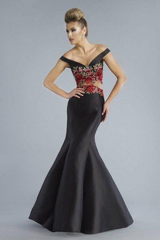 Janique JA7004 - Embroidered Off-Shoulder Crop Top Trumpet Evening Gown with Court Train in Black