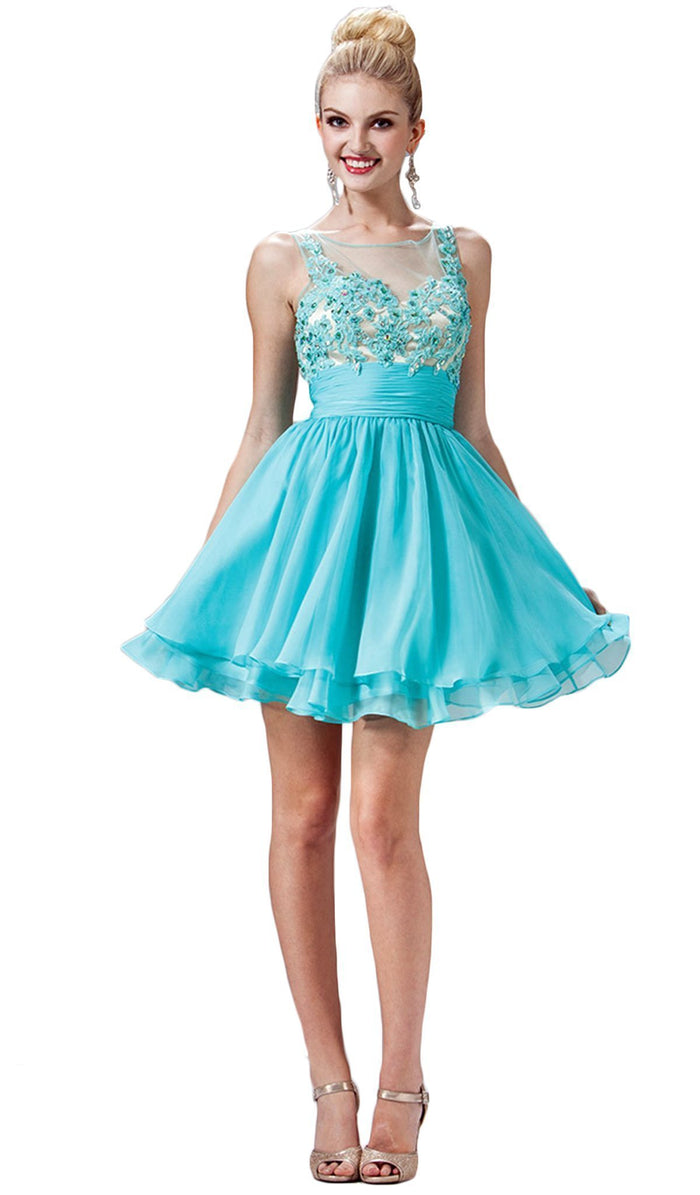Appliqued Illusion Scoop Neck Cocktail Dress