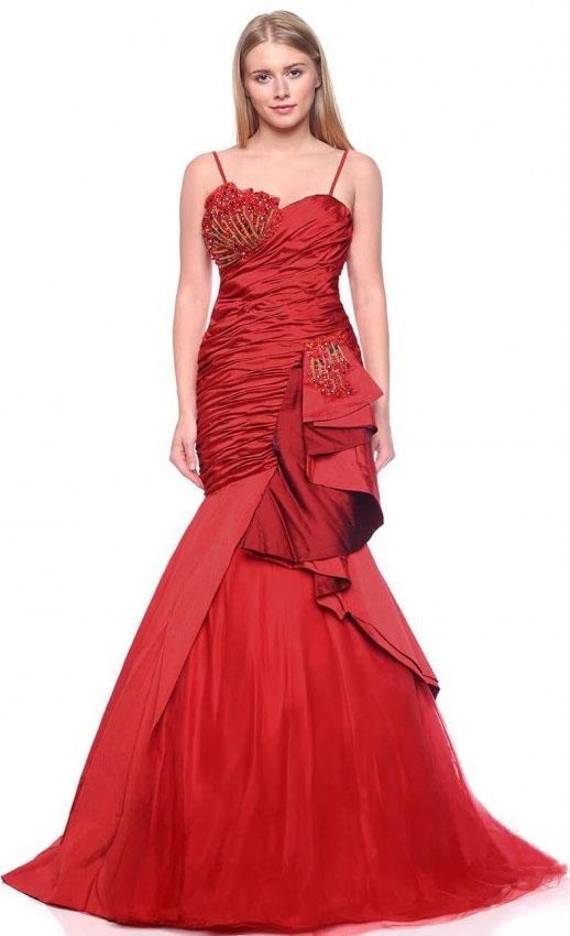 MNM Couture - JD006 Bedazzled Ruched Mermaid Dress in Red