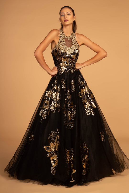 Elizabeth K - GL2655 Gold Embellished Halter Evening Gown In Black and Gold