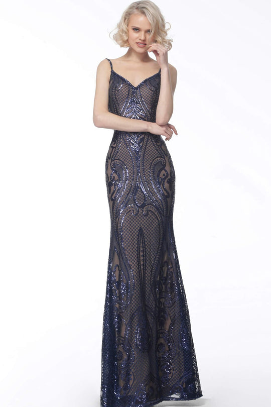 Jovani - JVN66960 Embellished V-neck Trumpet Dress In Blue