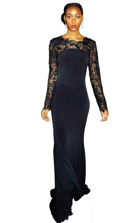 Janique - Elegant Long Floral Lace Neckline Jersey Dress K6422 in Black