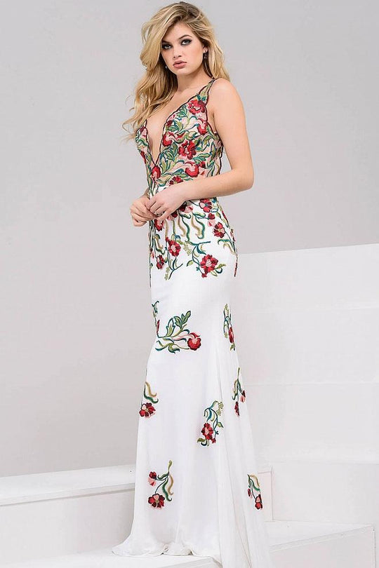49822 Embroidered Deep V-neck Sheath Dress