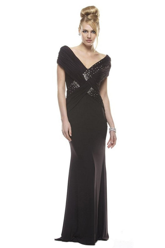 Janique - Off Shoulder V-Neck Long Gown 1332, Black