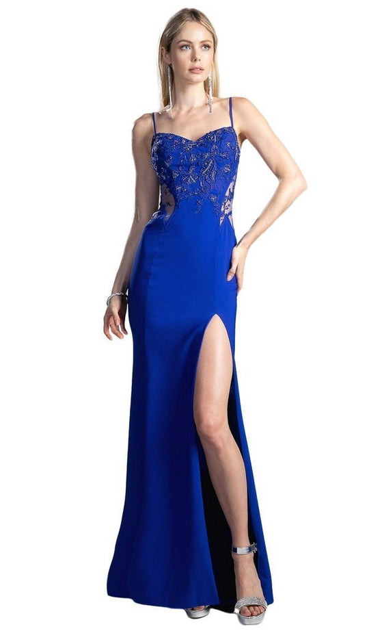 Cinderella Divine - JS0403 Bead Embroidered Jersey Sheath Prom Dress In Blue