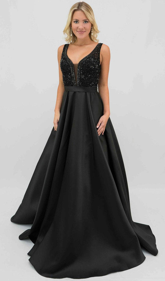 Jovani - JVN67198 Embellished Bodice Pleated Satin Skirt Prom Gown in Black