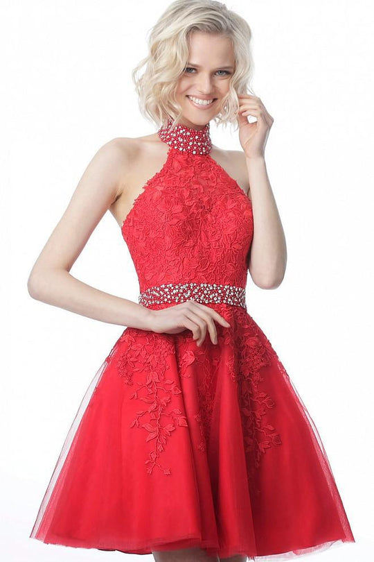 Jovani - JVN1099 Beaded High Halter Neck Lace Applique Cocktail Dress In Red