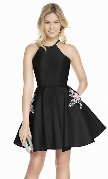Alyce Paris - 3887 Halter Lace Up Back Mikado Short A-Line Dress In Black
