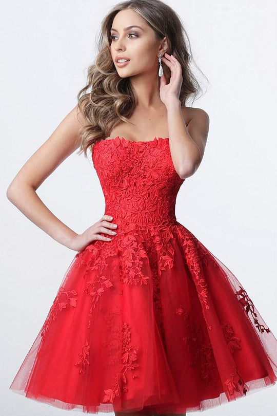 Jovani - JVN1830 Strapless Floral Lace Applique Tulle Cocktail Dress In Red