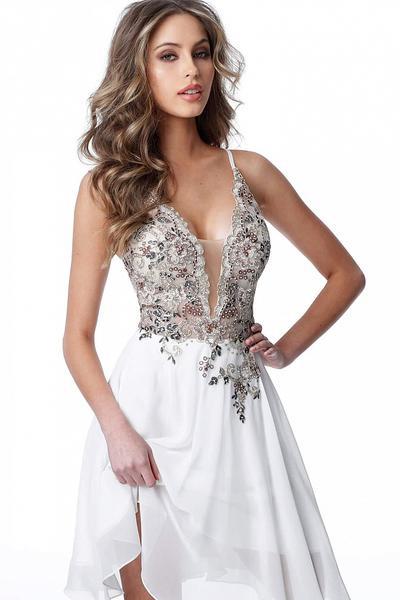 Jovani - JVN2174 Embellished Deep V-neck A-line Dress In White