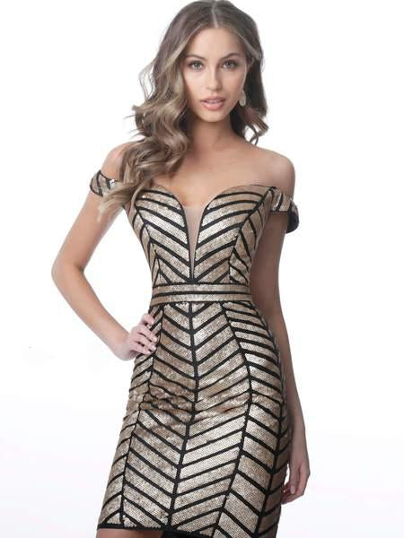 Jovani - JVN2247 Sequin Embellished Off-Shoulder Dress In Black and Gold