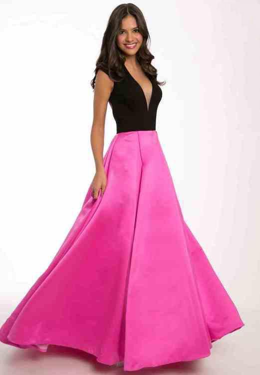 Jovani - Illusion Plunging V -Neck Open Back A Line Long Dress 23945 In Black and Pink