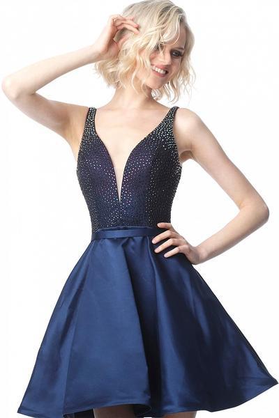 Jovani - JVN2470 Embellished Deep V-neck A-line Cocktail Dress In Blue