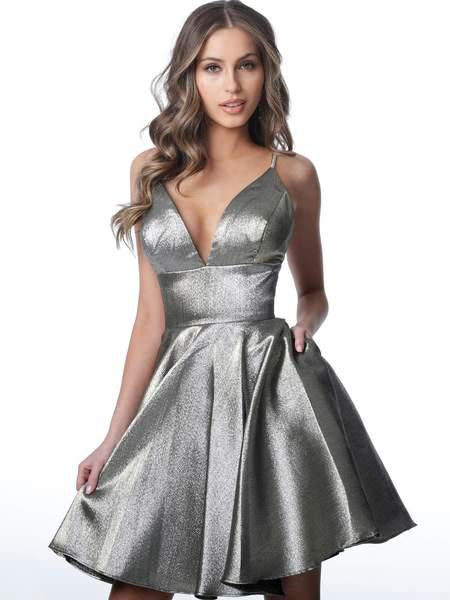 Jovani - JVN3782 Metallic Plunging V-Neck Dress In Gray