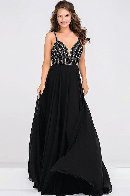 Beaded Plunging Neck Bodice Chiffon Dress JVN48495