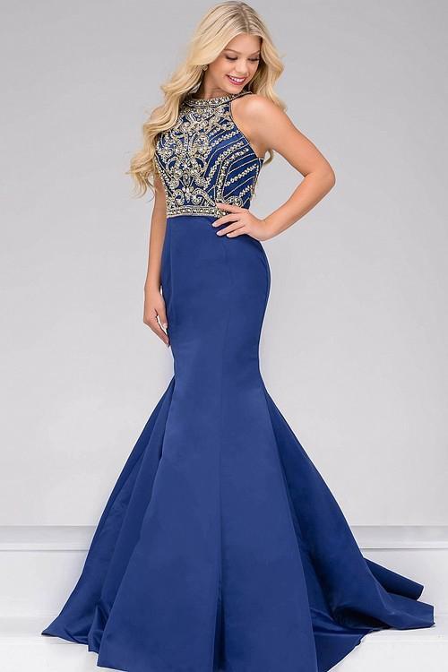 Crystal and Bead Embellished High Neck Satin Mermaid Gown 49501
