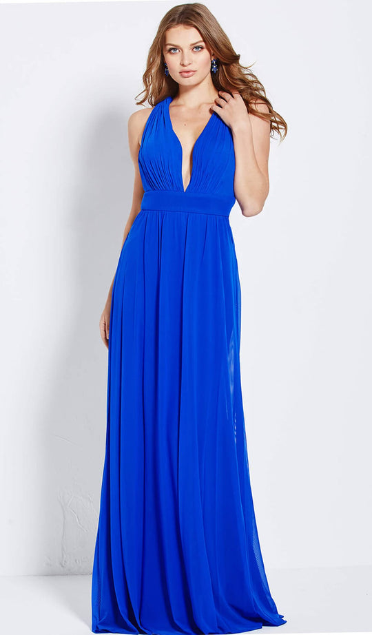 Jovani - JVN49762 Ruched Deep V-neck A-line Dress in Blue
