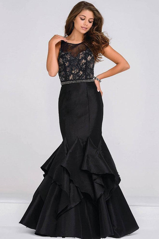Jovani - JVN50200A Sheer Embellished Neckline Mermaid Dress in Black