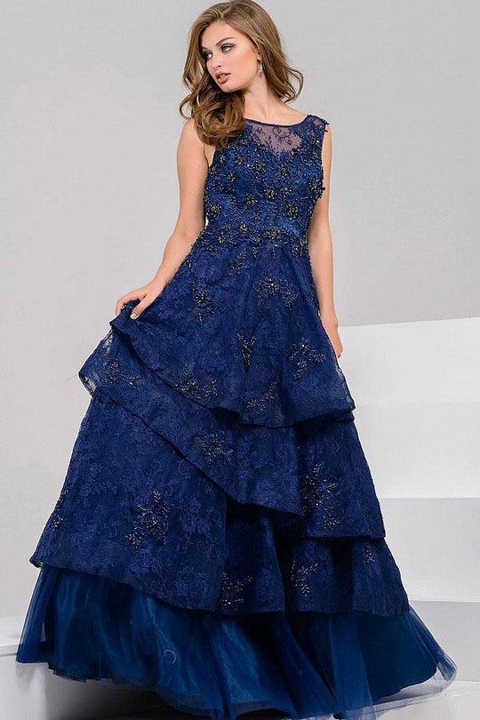 JVN50286 Floral Beaded Lace Tiered Ballgown