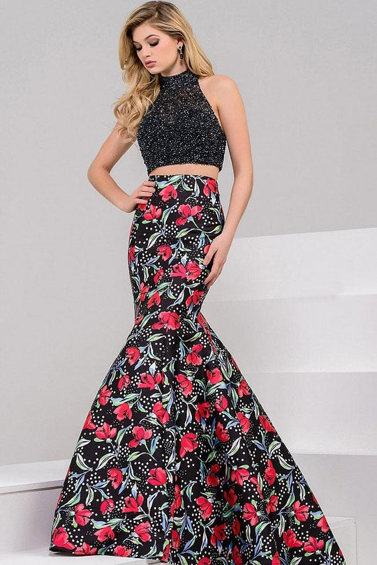 JVN50376 Beaded Two Piece Floral Mermaid Gown